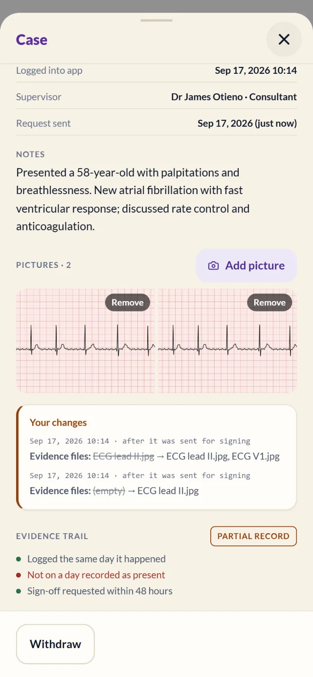 A case presentation in Rotalog with two ECG pictures attached
