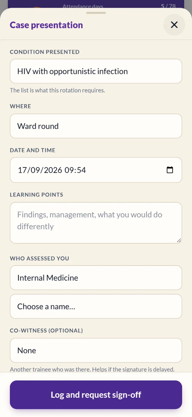 Logging a case presentation in Rotalog: condition, place, date and supervisor