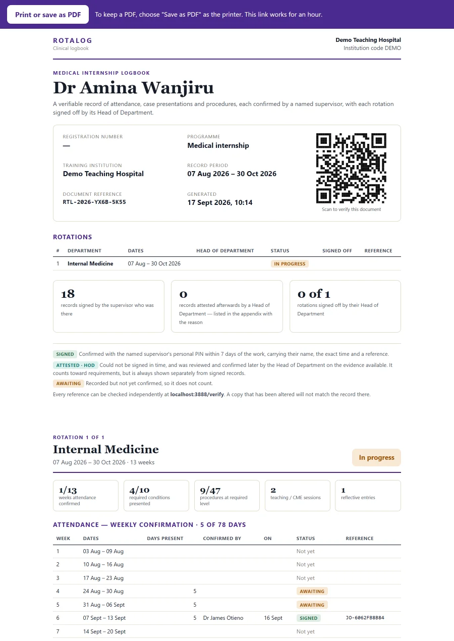 The first page of a printed Rotalog logbook with a verification QR code