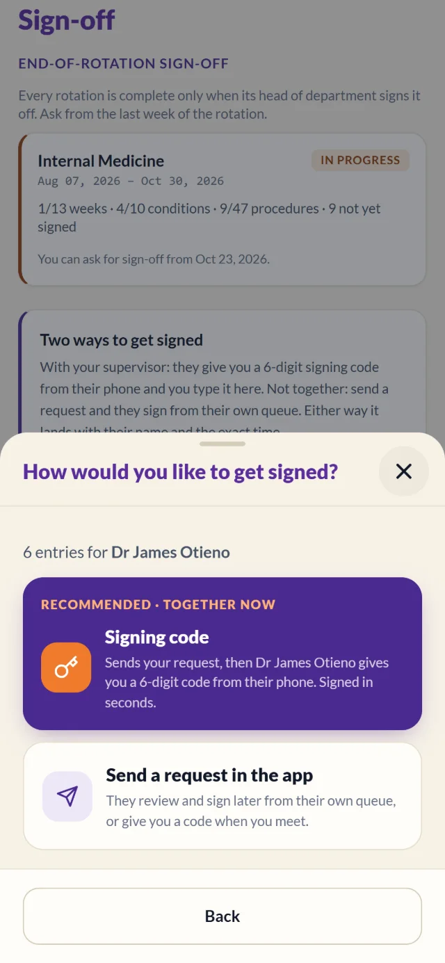 A trainee choosing between a signing code and an in-app request
